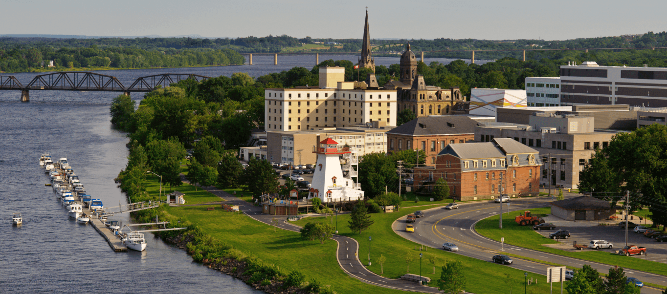 Aerial view of downtown Fredericton beside the Saint John River