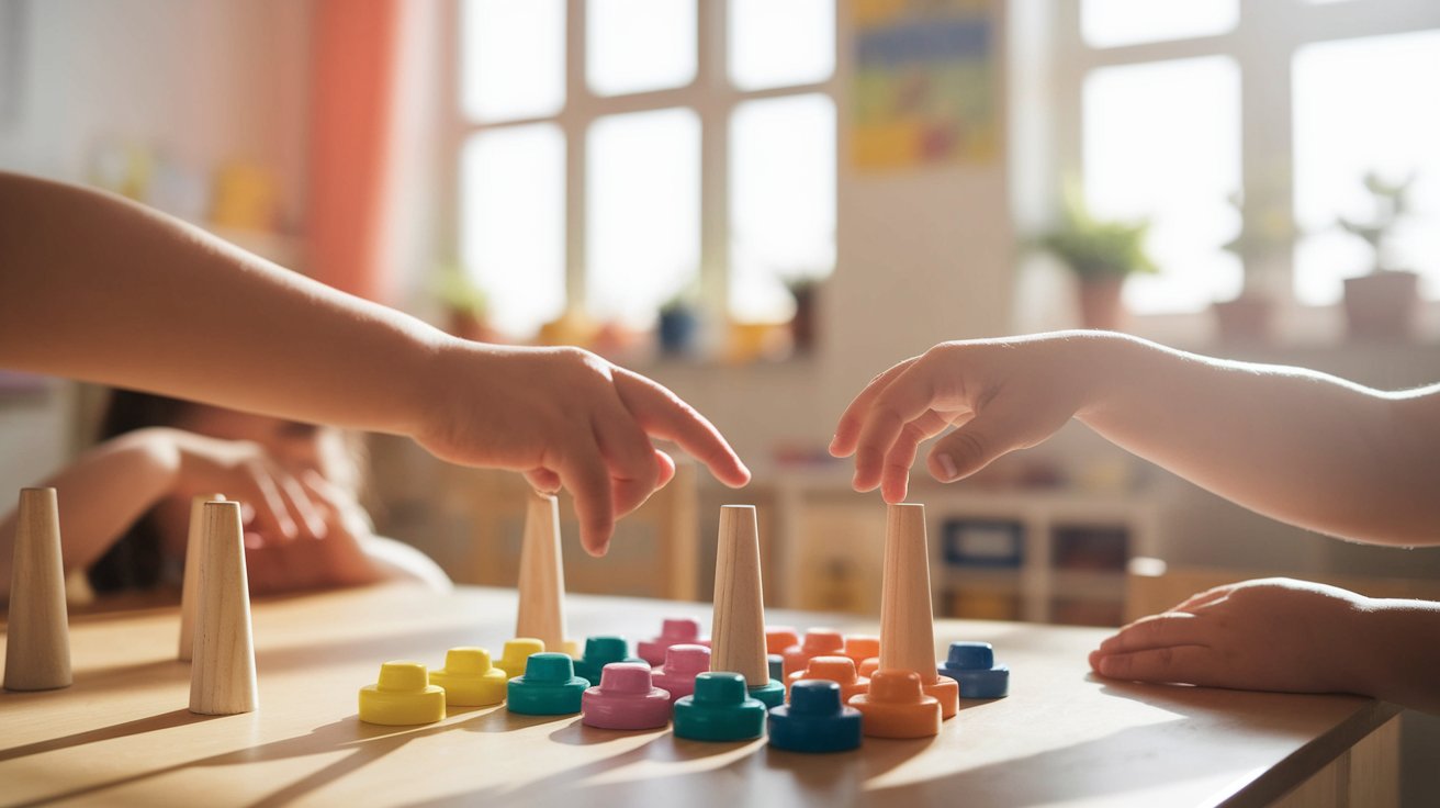 Children working with Montessori materials in a softly lit classroom